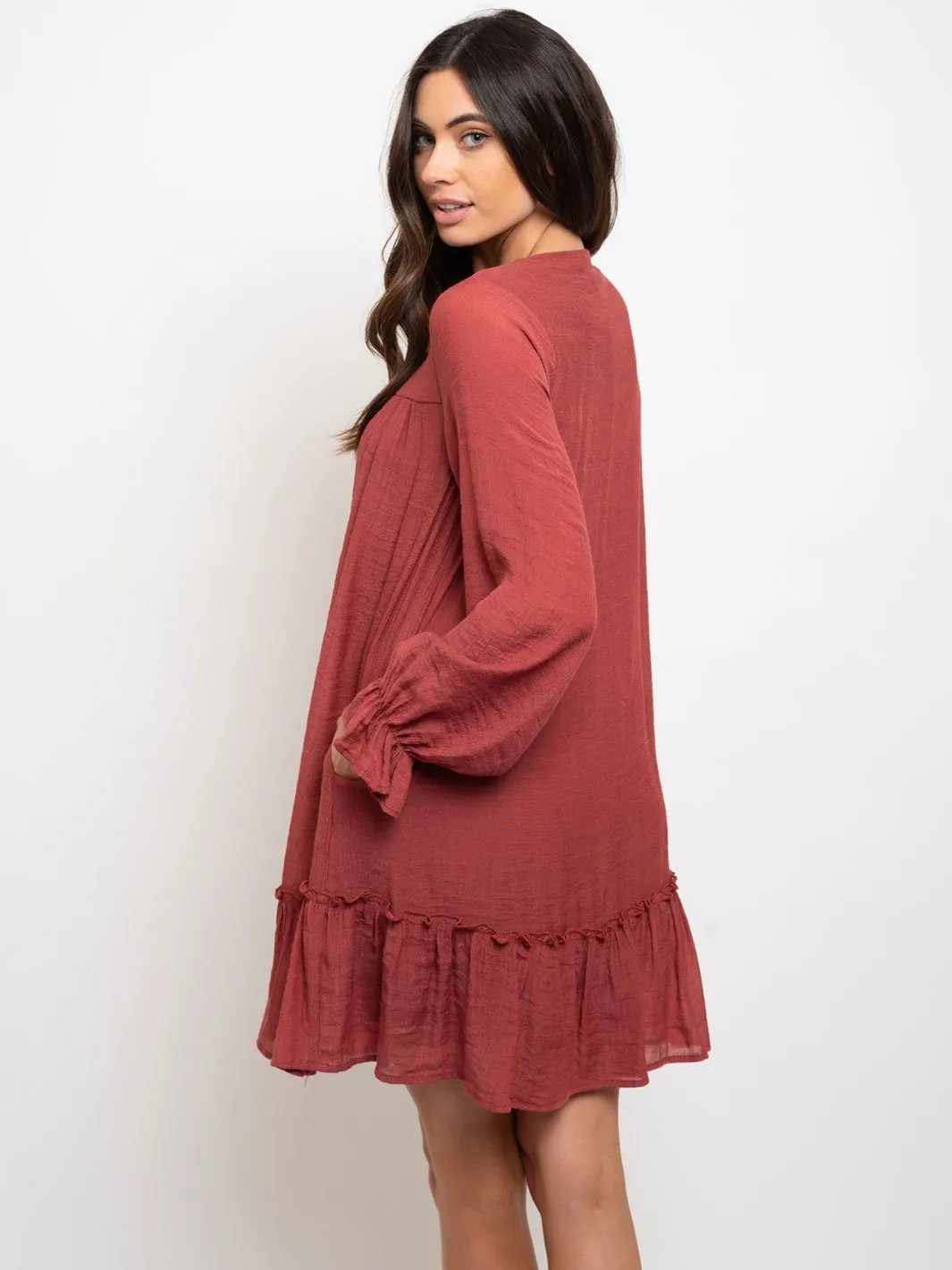 WOMEN'S LONG SLEEVE MISI RUFFLE DETAIL DRESS