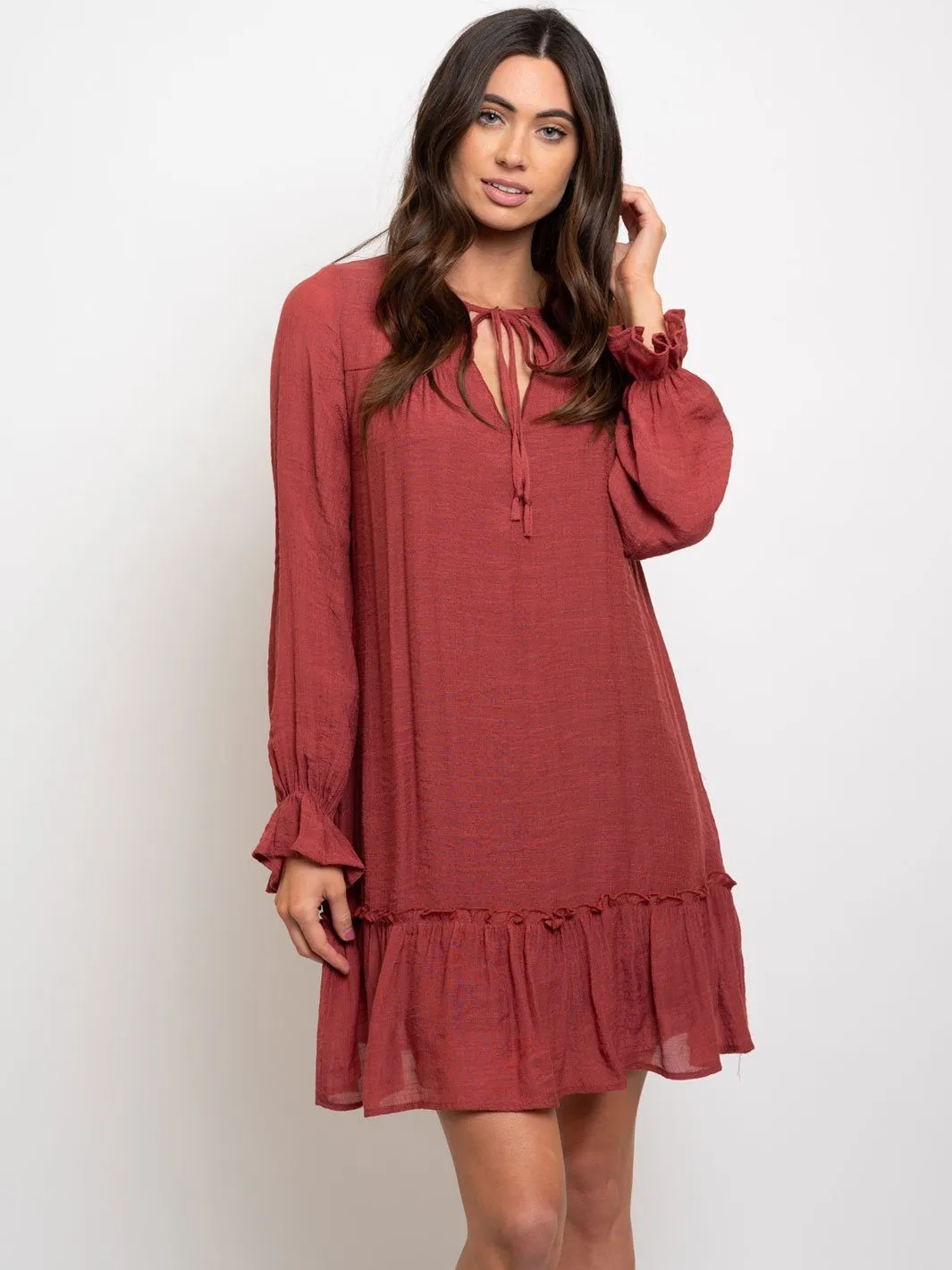 WOMEN'S LONG SLEEVE MISI RUFFLE DETAIL DRESS