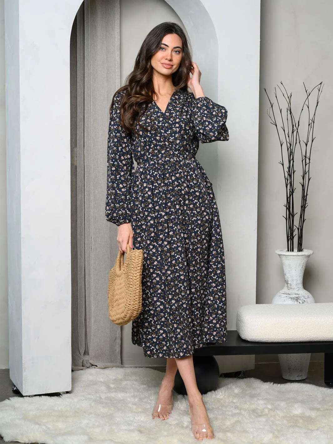 WOMEN'S LONG SLEEVE SURPLICE FRONT POCKETS FLORAL MIDI DRESS