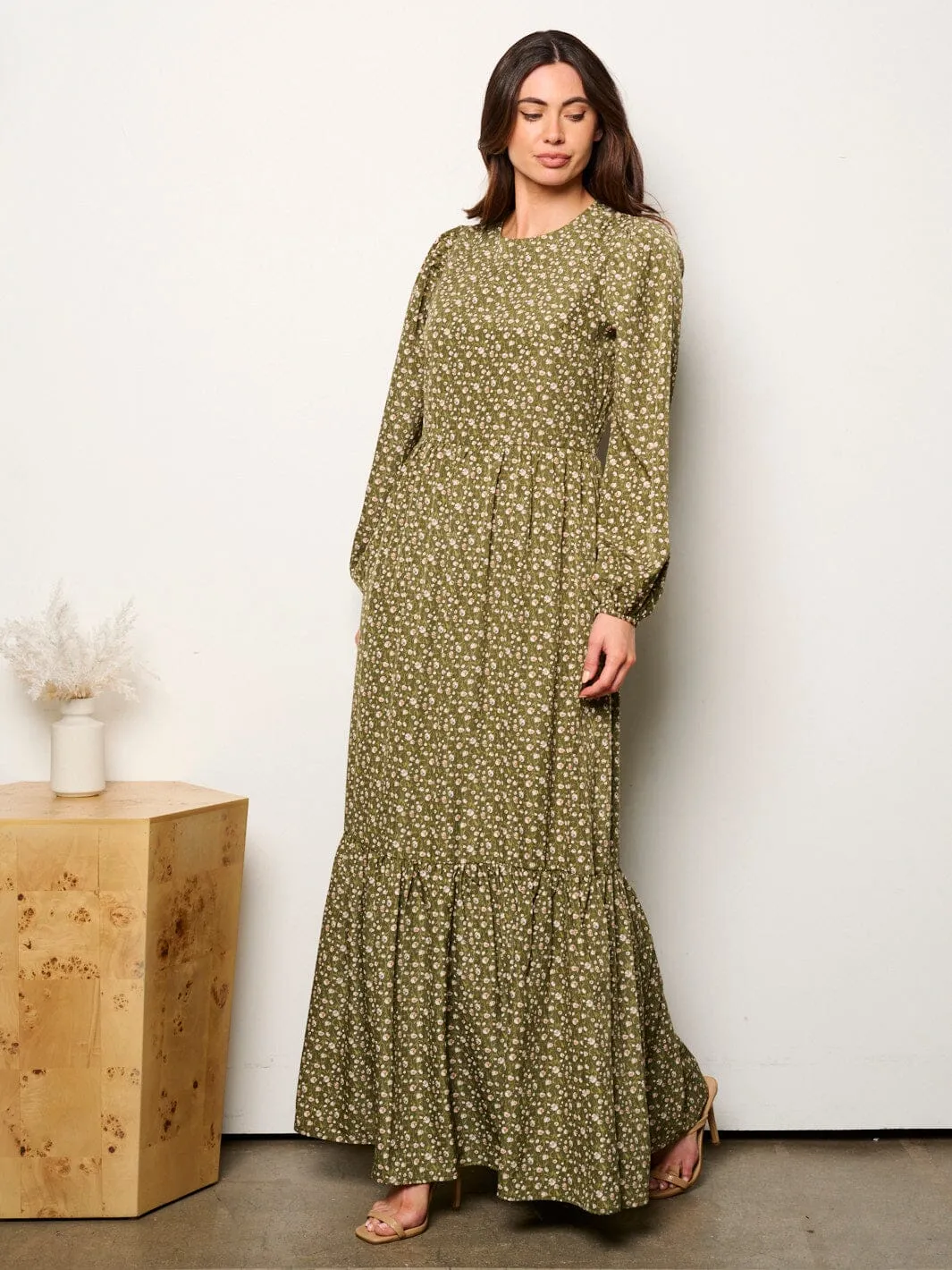 WOMEN'S LONG SLEEVE TIERED FLORAL MAXI DRESS