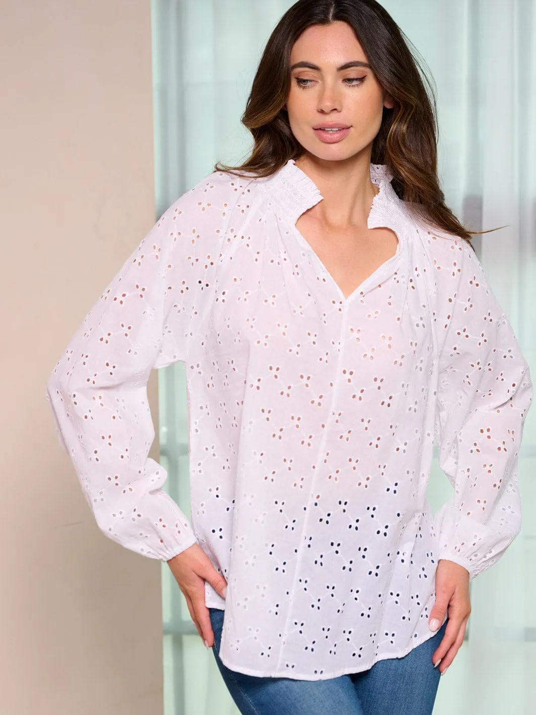 WOMEN'S LONG SLEEVE V-NECK EYELET BLOUSE TOP