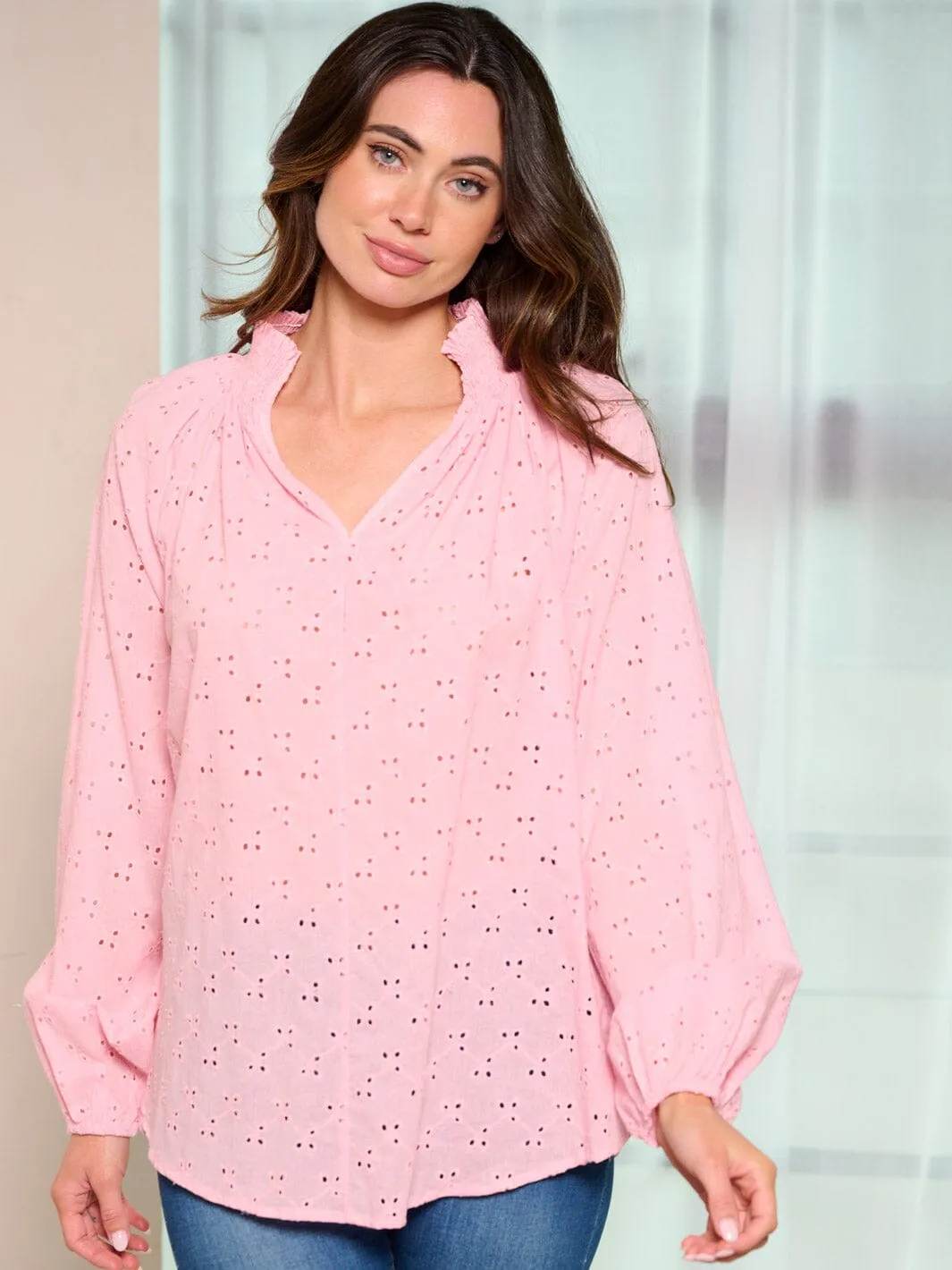 WOMEN'S LONG SLEEVE V-NECK EYELET BLOUSE TOP