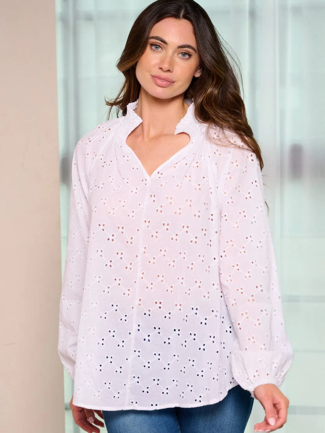 WOMEN'S LONG SLEEVE V-NECK EYELET BLOUSE TOP