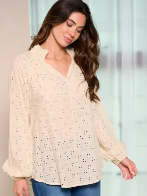 WOMEN'S LONG SLEEVE V-NECK EYELET BLOUSE TOP