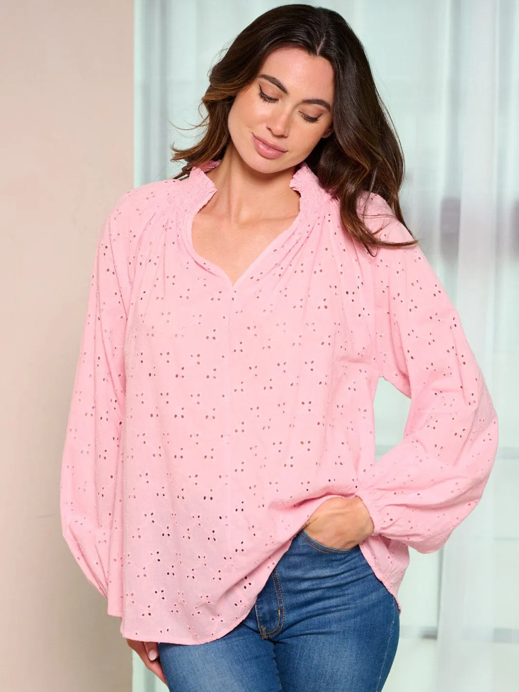 WOMEN'S LONG SLEEVE V-NECK EYELET BLOUSE TOP