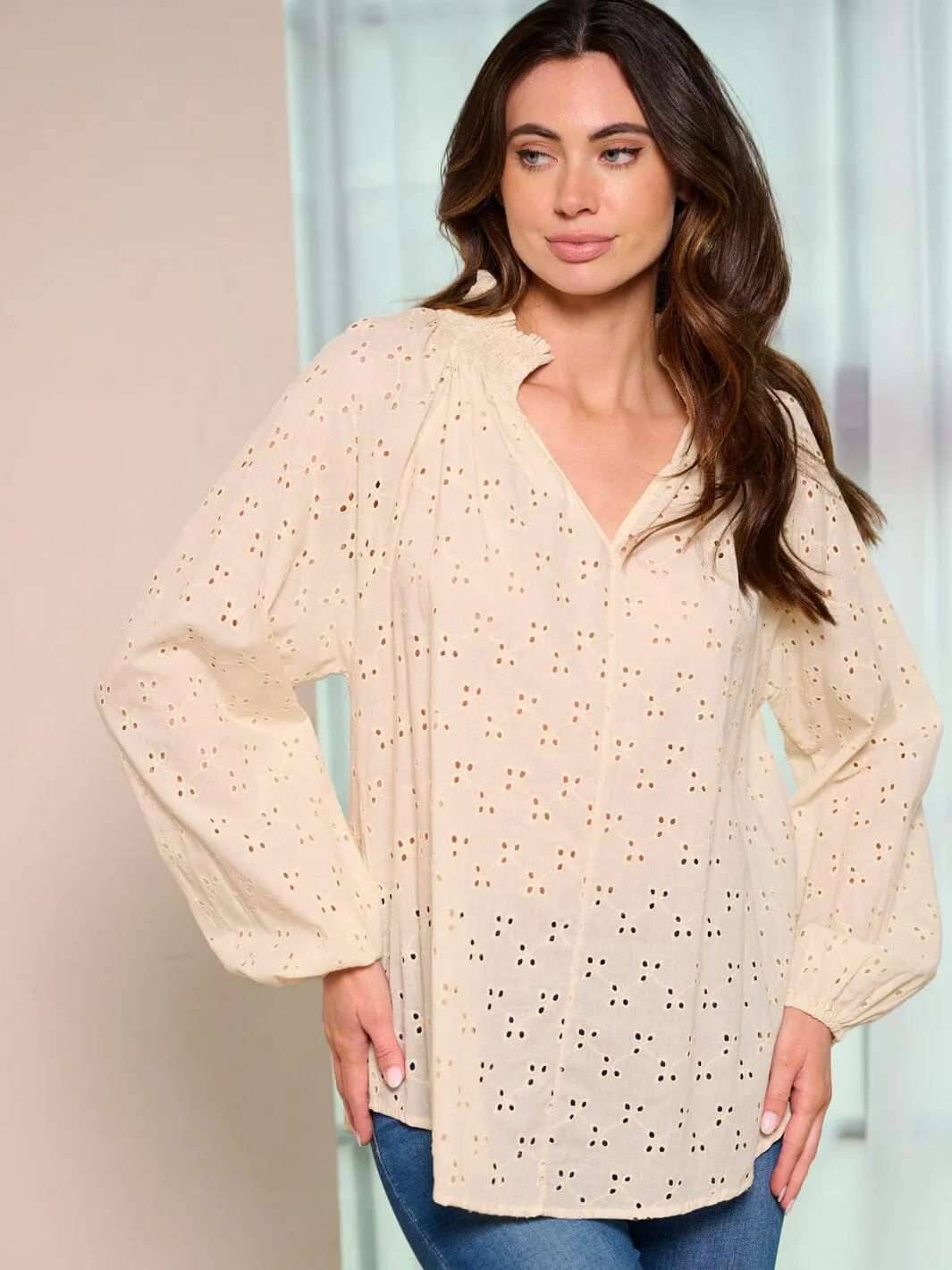 WOMEN'S LONG SLEEVE V-NECK EYELET BLOUSE TOP