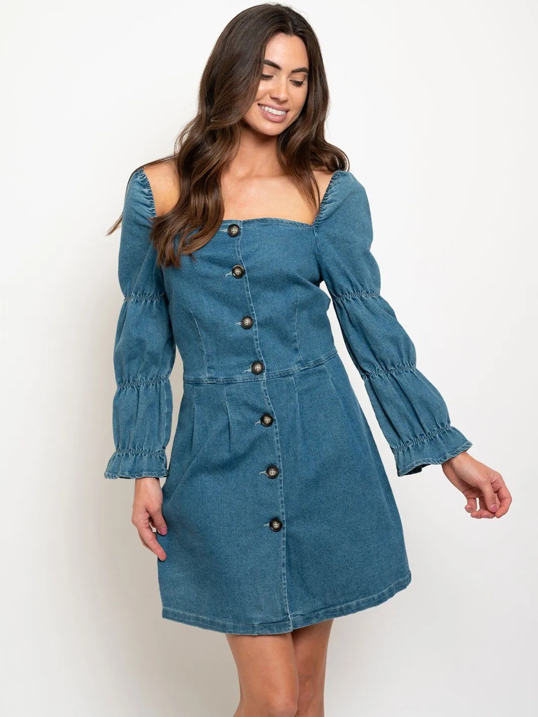 WOMEN'S PUFF LONG SLEEVE DENIM MINI DRESS