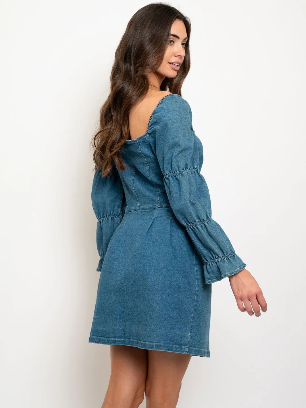 WOMEN'S PUFF LONG SLEEVE DENIM MINI DRESS