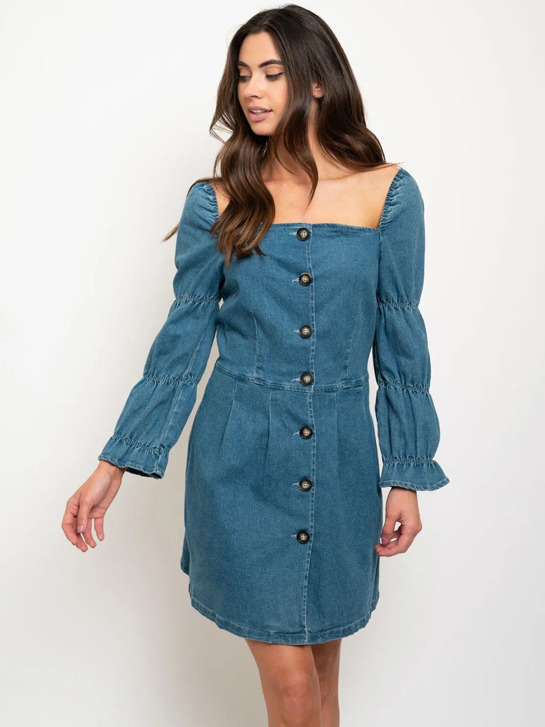 WOMEN'S PUFF LONG SLEEVE DENIM MINI DRESS
