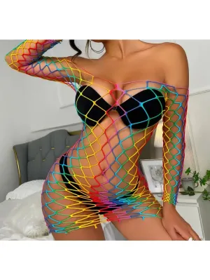 Women's Rainbow Off Shoulders Long Sleeve Mini Dress (Bikini NOT Included)