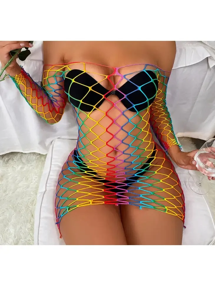 Women's Rainbow Off Shoulders Long Sleeve Mini Dress (Bikini NOT Included)