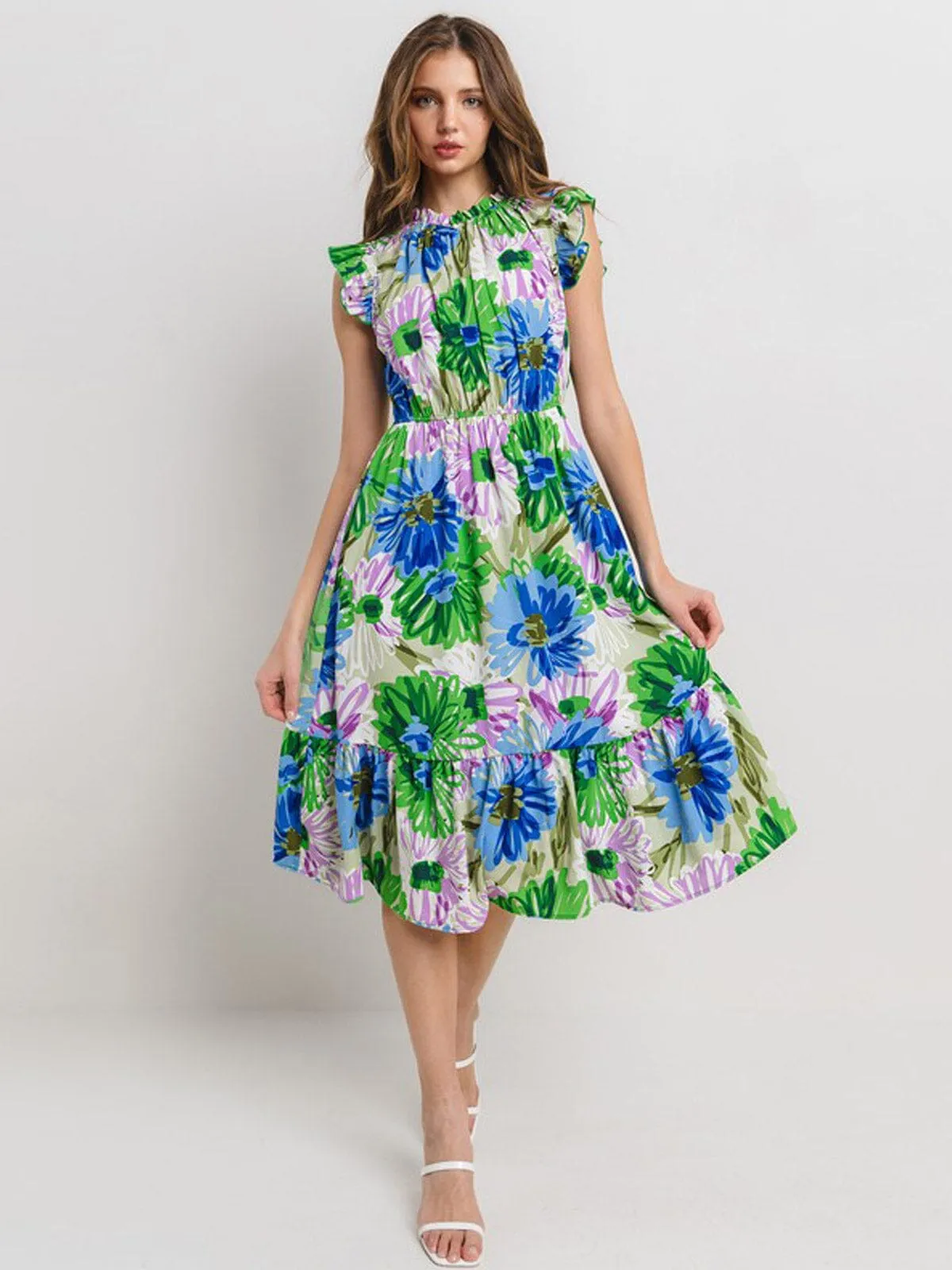 WOMEN'S RUFFLE SLEEVE ELASTIC WAIST FLORAL MIDI DRESS