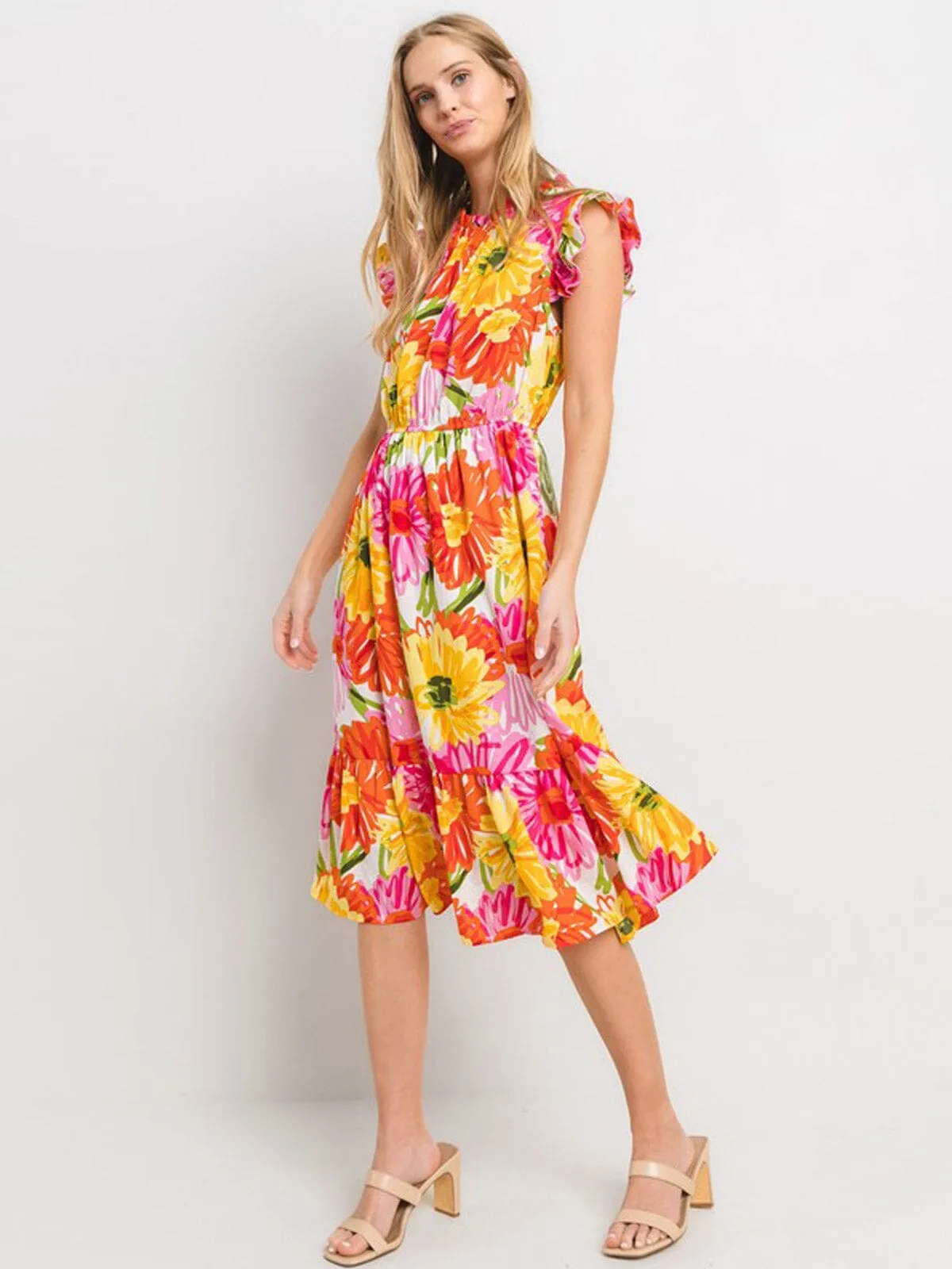 WOMEN'S RUFFLE SLEEVE ELASTIC WAIST FLORAL MIDI DRESS