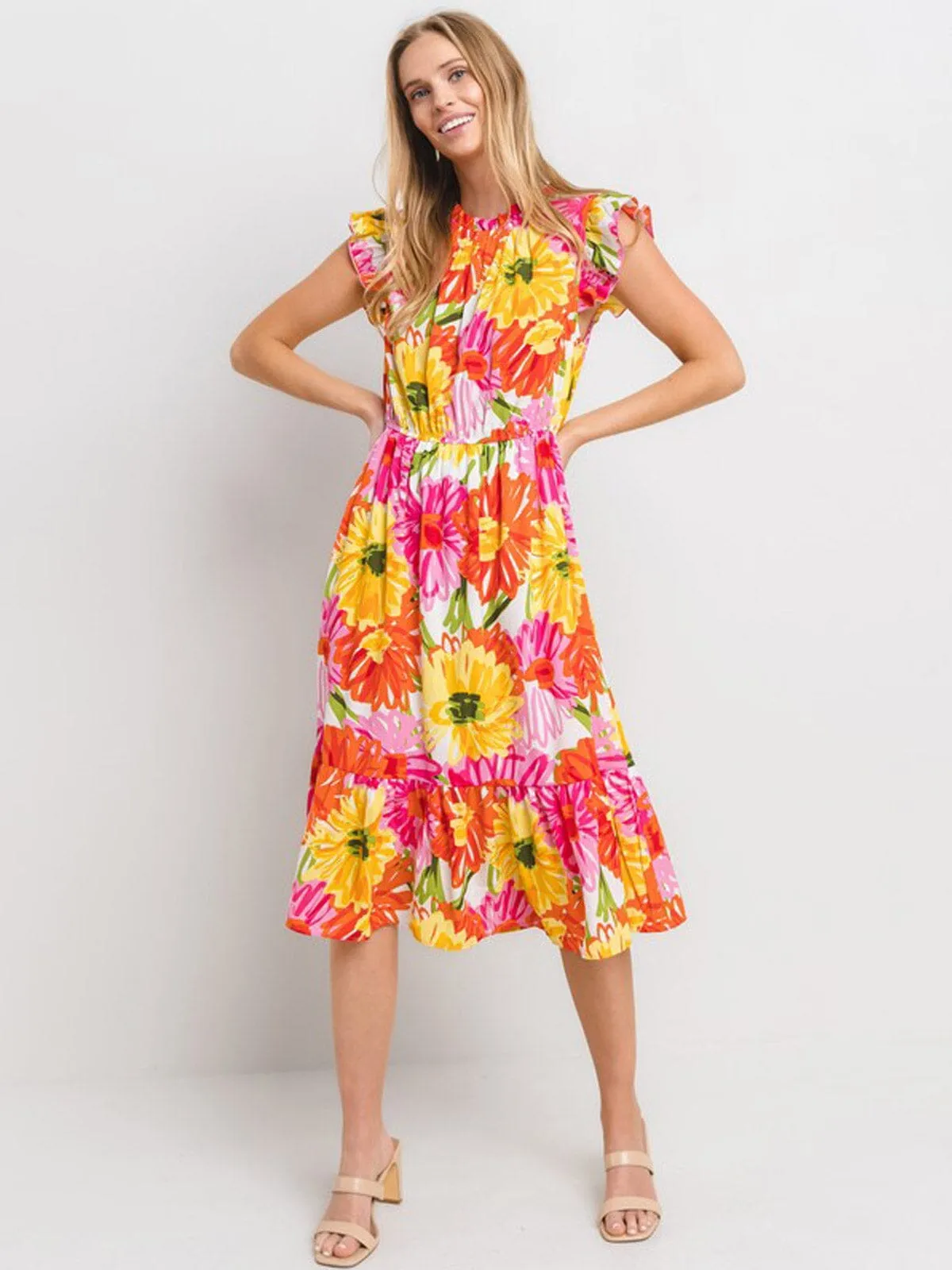 WOMEN'S RUFFLE SLEEVE ELASTIC WAIST FLORAL MIDI DRESS
