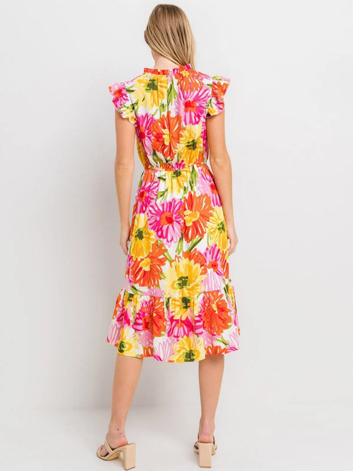 WOMEN'S RUFFLE SLEEVE ELASTIC WAIST FLORAL MIDI DRESS