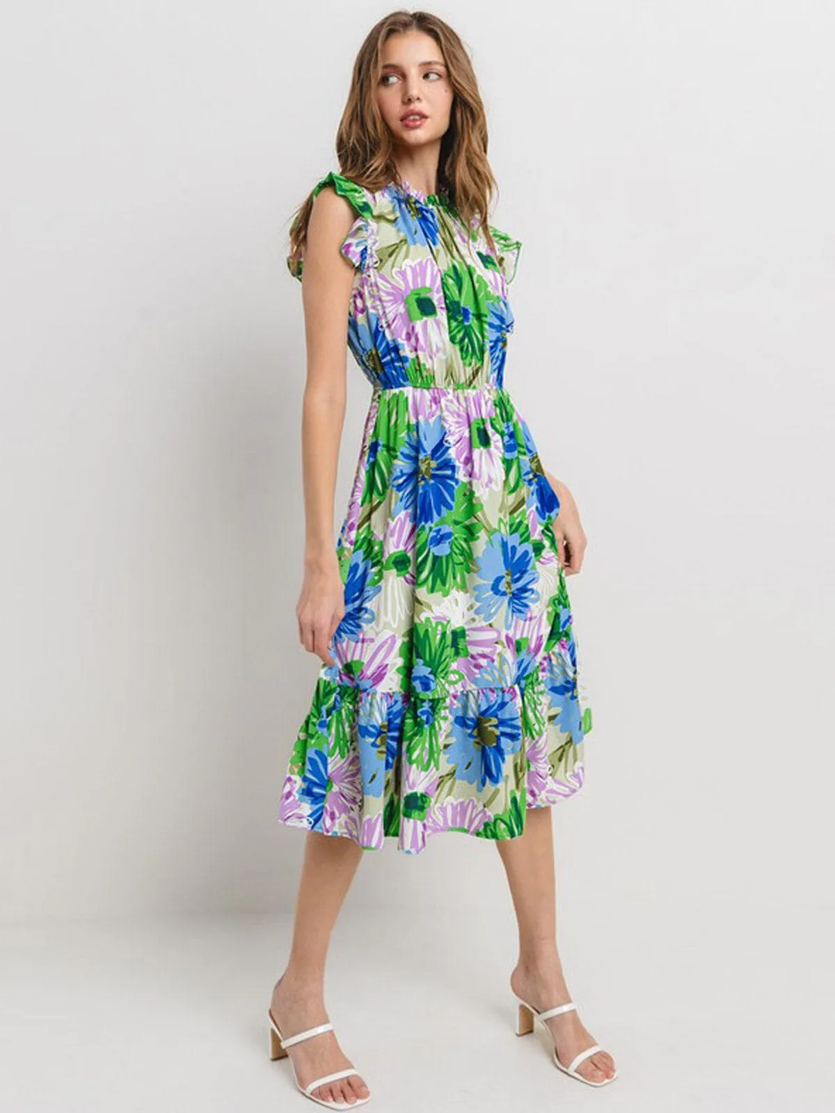 WOMEN'S RUFFLE SLEEVE ELASTIC WAIST FLORAL MIDI DRESS