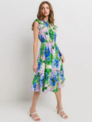 WOMEN'S RUFFLE SLEEVE ELASTIC WAIST FLORAL MIDI DRESS