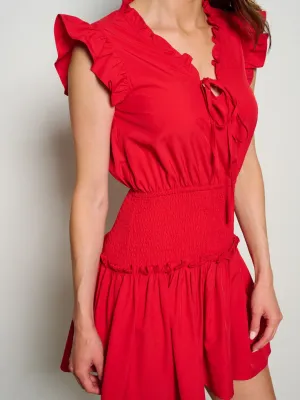 WOMEN'S RUFFLE SLEEVE V-NECK SMOCK FIT & FLARE MINI DRESS