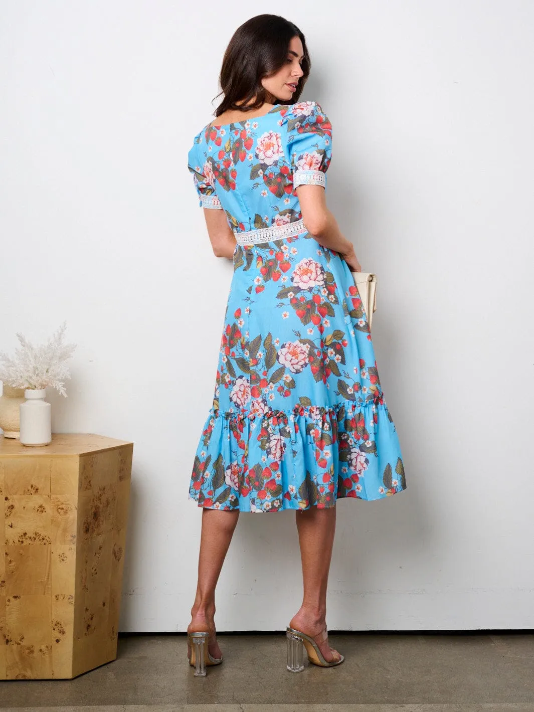 WOMEN'S SHORT PUFF SLEEVE FIT & FLARE FLORAL MIDI DRESS