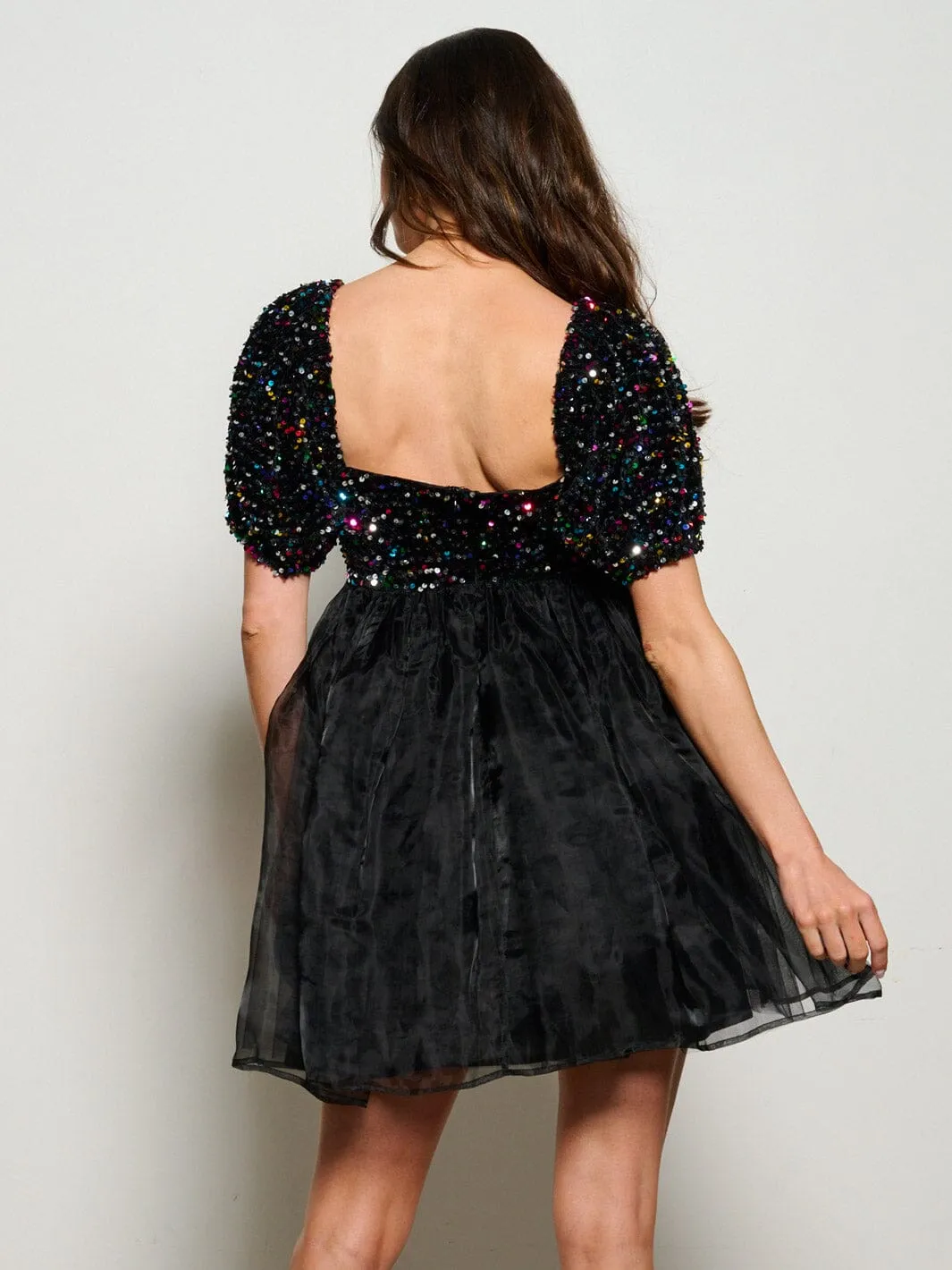 WOMEN'S SHORT PUFF SLEEVE SQUARE NECK FIT & FLARE SEQUINS MINI DRESS