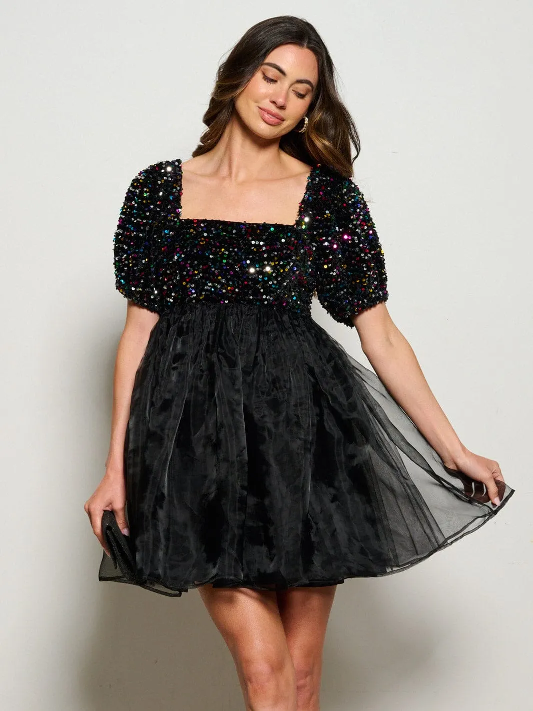 WOMEN'S SHORT PUFF SLEEVE SQUARE NECK FIT & FLARE SEQUINS MINI DRESS