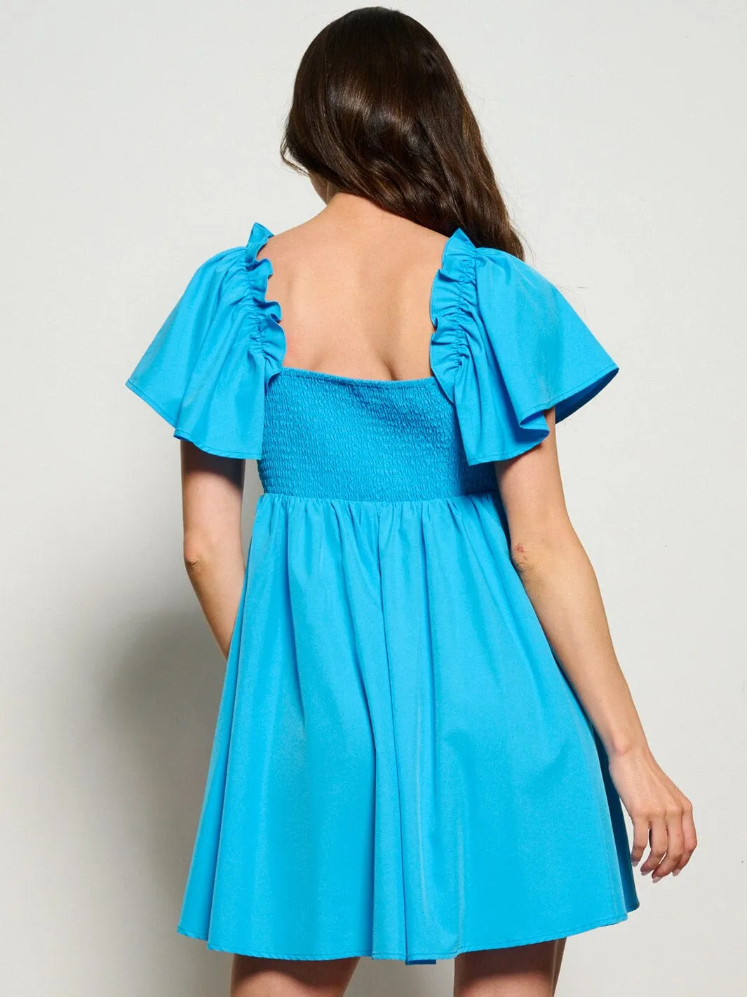 WOMEN'S SHORT RUFFLE SLEEVE V-NECK FIT & FLARE MINI DRESS