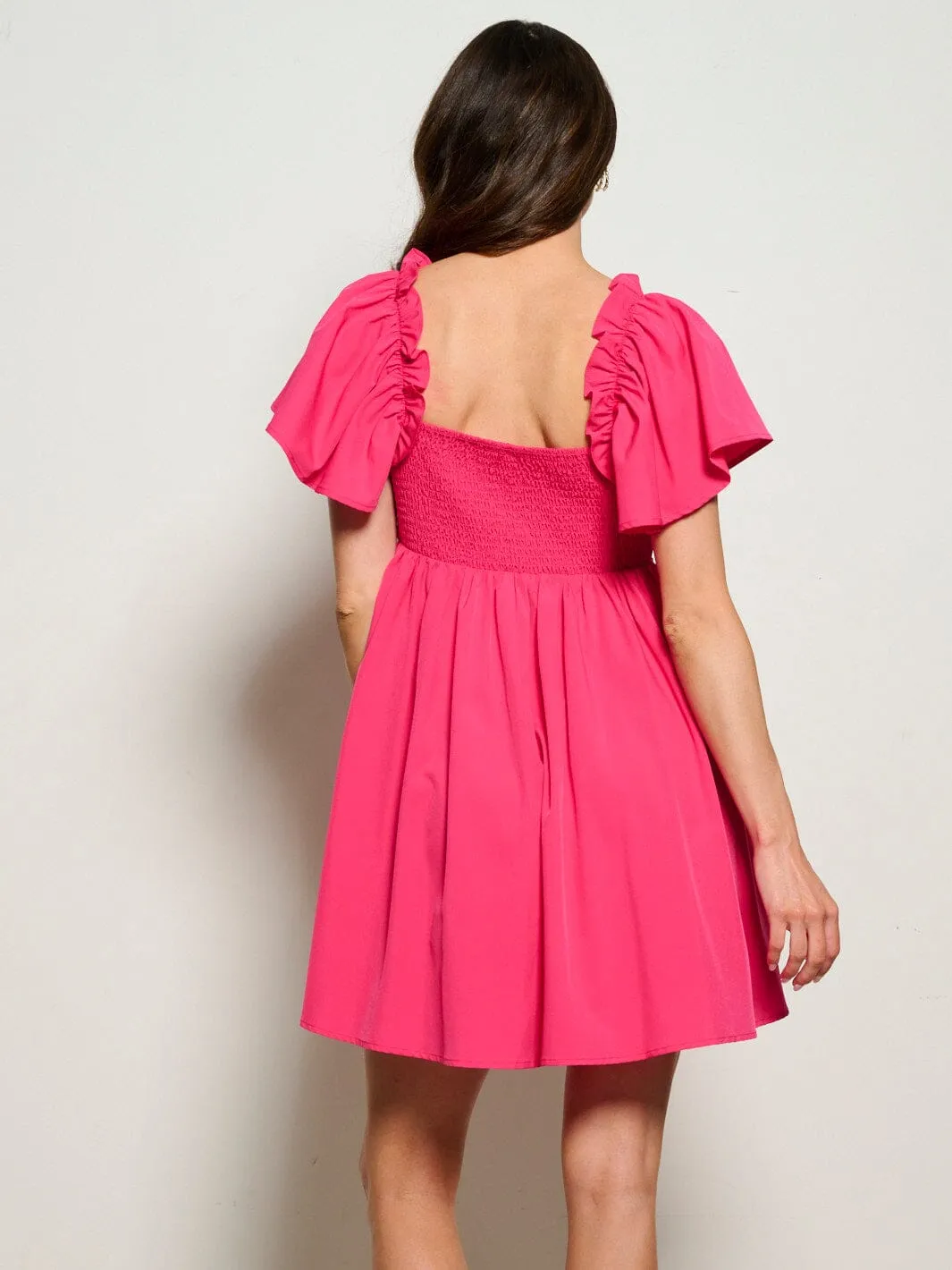 WOMEN'S SHORT RUFFLE SLEEVE V-NECK FIT & FLARE MINI DRESS