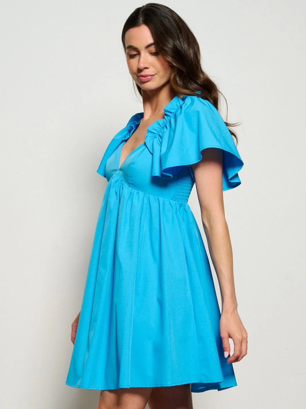 WOMEN'S SHORT RUFFLE SLEEVE V-NECK FIT & FLARE MINI DRESS