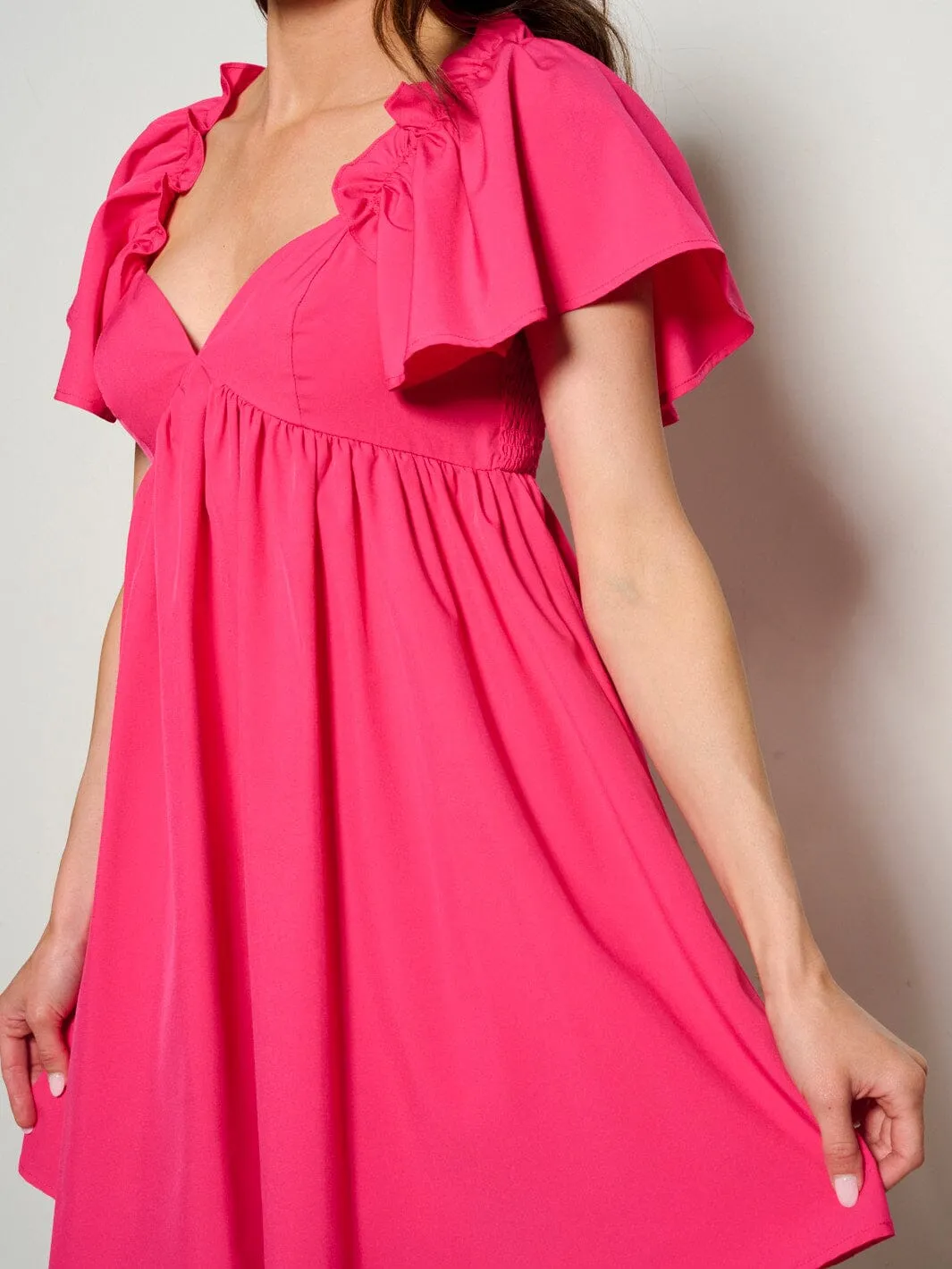 WOMEN'S SHORT RUFFLE SLEEVE V-NECK FIT & FLARE MINI DRESS