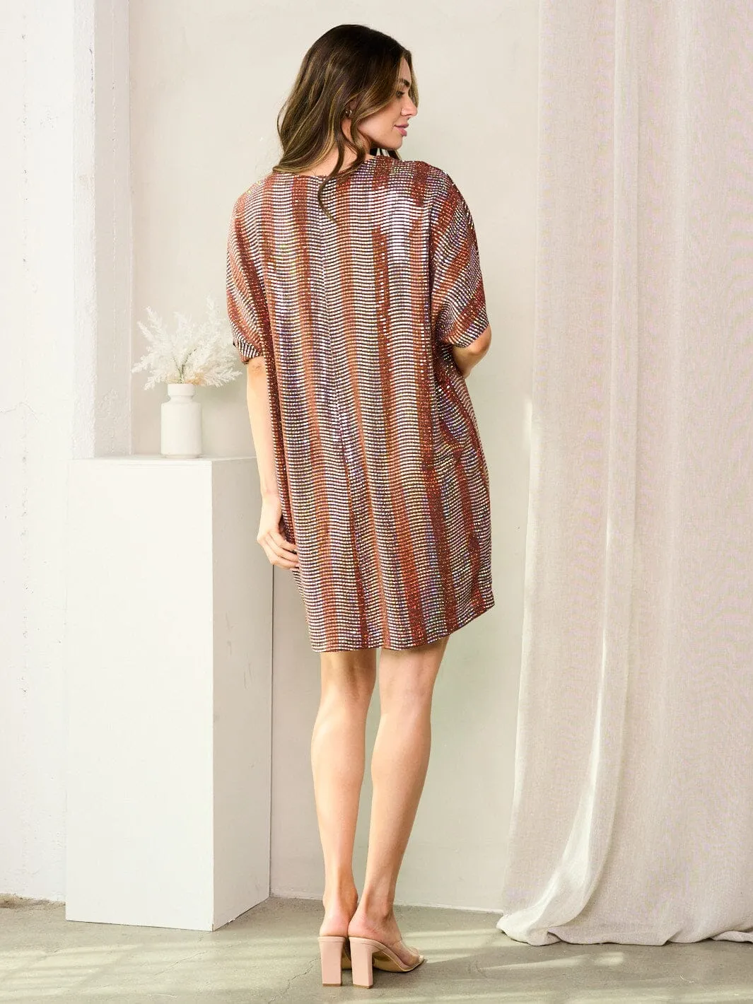 WOMEN'S SHORT SLEEVES V-NECK SEQUINS TUNIC MINI DRESS
