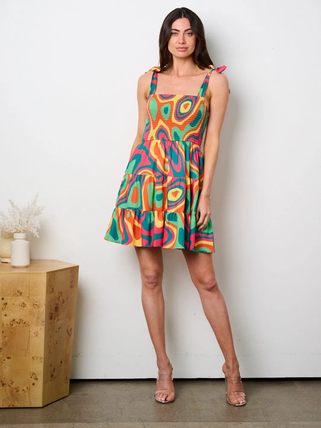 WOMEN'S SLEEVELESS SMOCK MULTI PRINT FIT & FLARE MINI DRESS