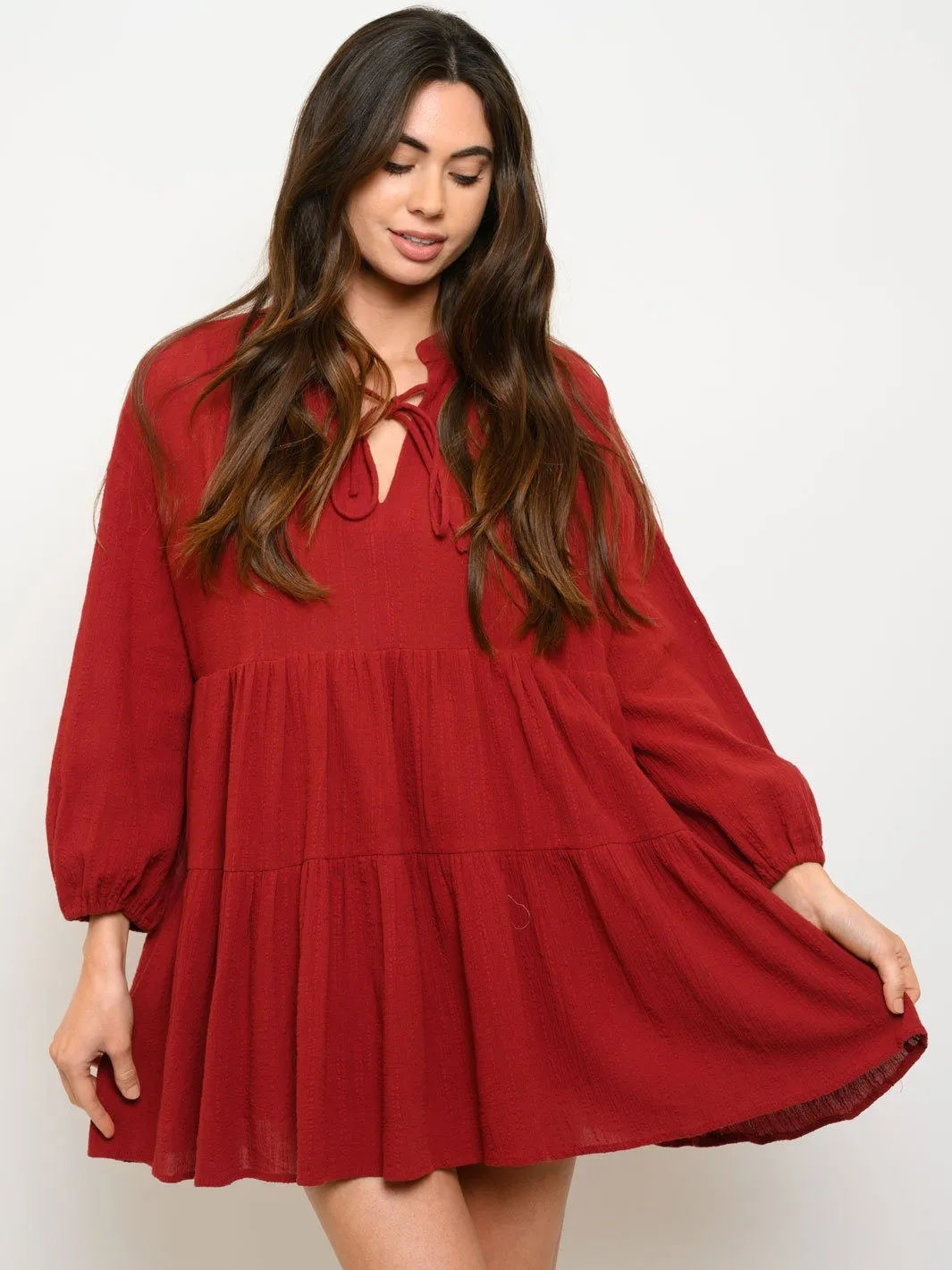 WOMEN'S WOVEN SOLID BABYDOLL LONG SLEEVE MINI DRESS