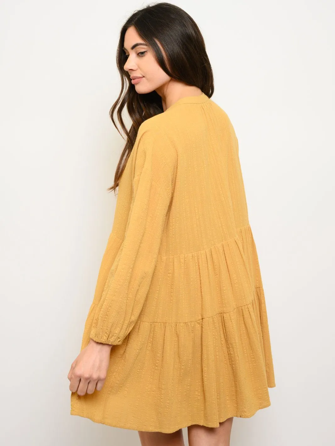 WOMEN'S WOVEN SOLID BABYDOLL LONG SLEEVE MINI DRESS
