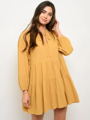 WOMEN'S WOVEN SOLID BABYDOLL LONG SLEEVE MINI DRESS