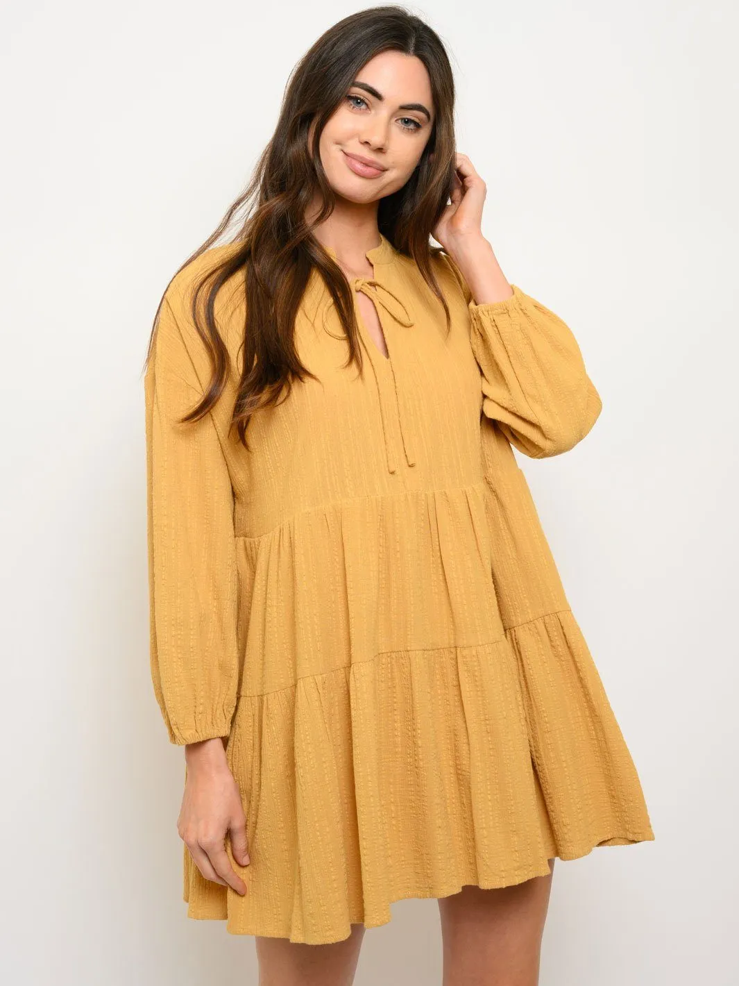 WOMEN'S WOVEN SOLID BABYDOLL LONG SLEEVE MINI DRESS