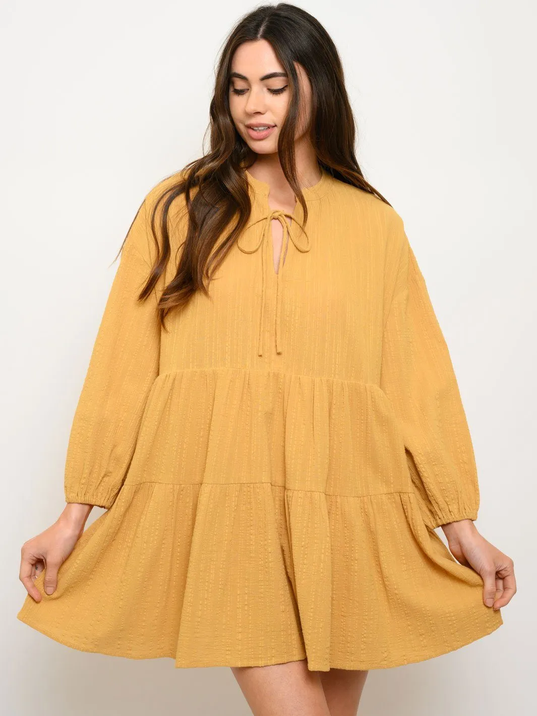 WOMEN'S WOVEN SOLID BABYDOLL LONG SLEEVE MINI DRESS