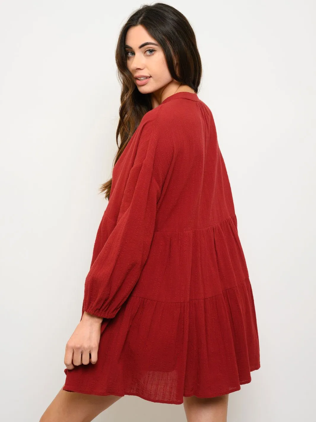 WOMEN'S WOVEN SOLID BABYDOLL LONG SLEEVE MINI DRESS