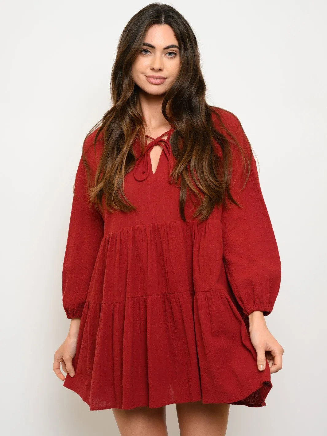 WOMEN'S WOVEN SOLID BABYDOLL LONG SLEEVE MINI DRESS