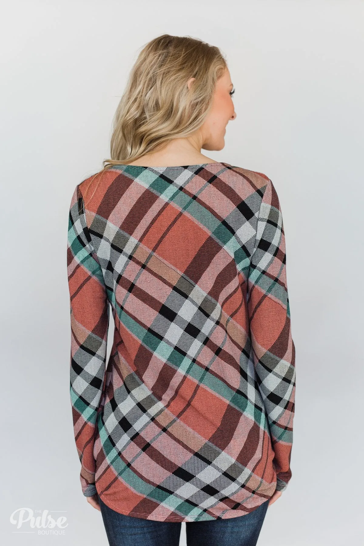 Wrap of Fall Plaid Top- Peachy Orange