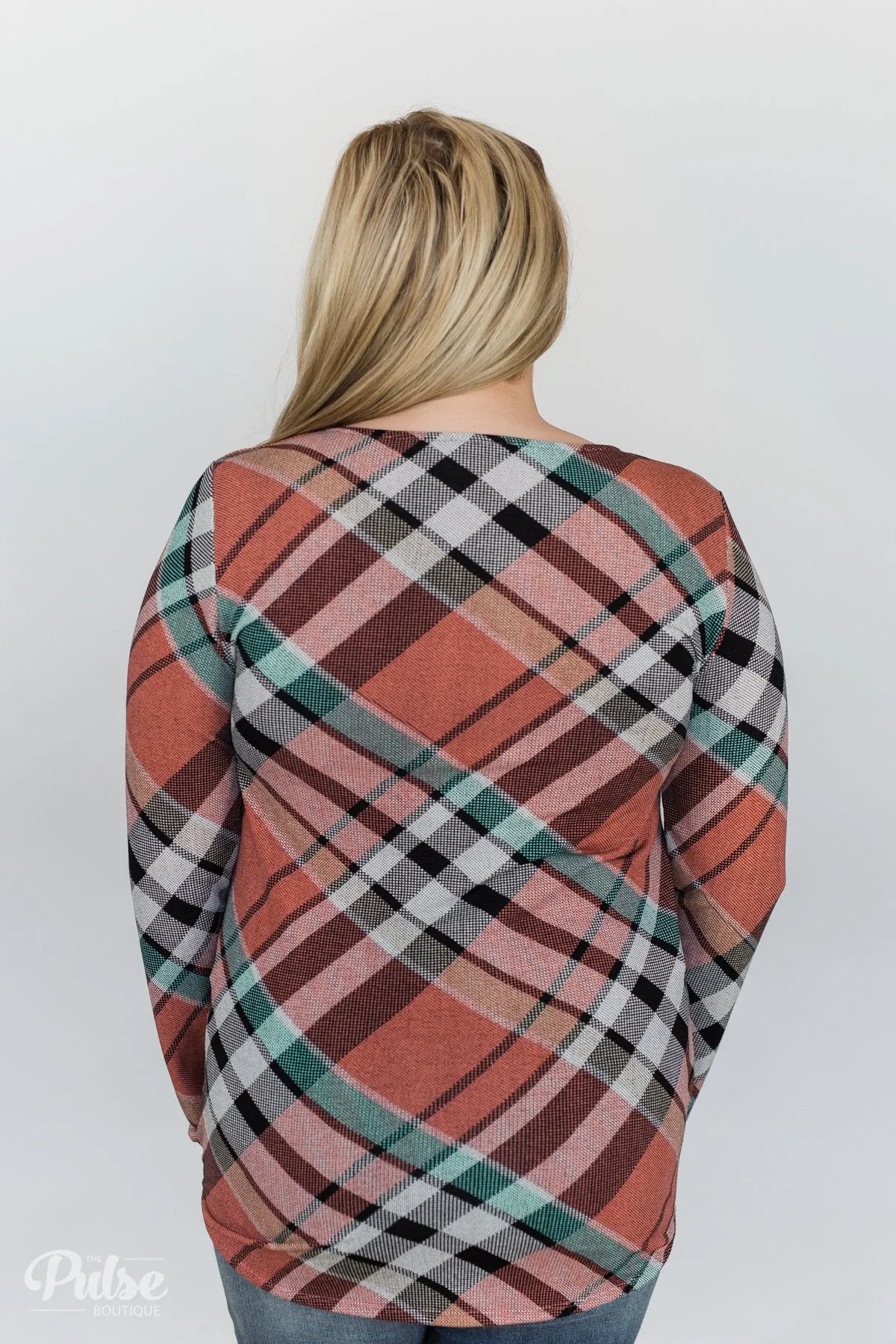 Wrap of Fall Plaid Top- Peachy Orange
