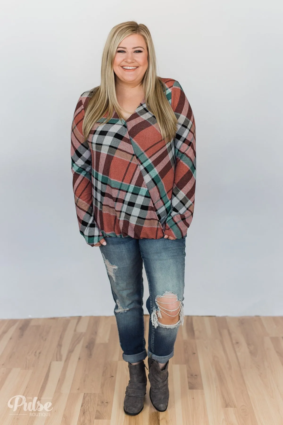 Wrap of Fall Plaid Top- Peachy Orange