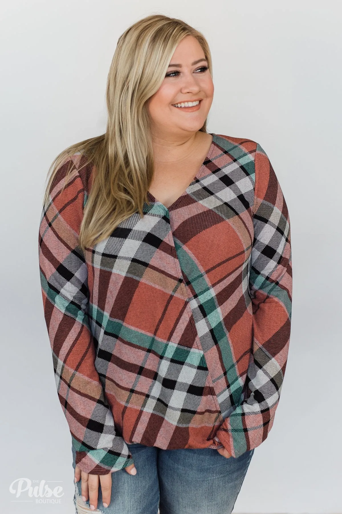 Wrap of Fall Plaid Top- Peachy Orange