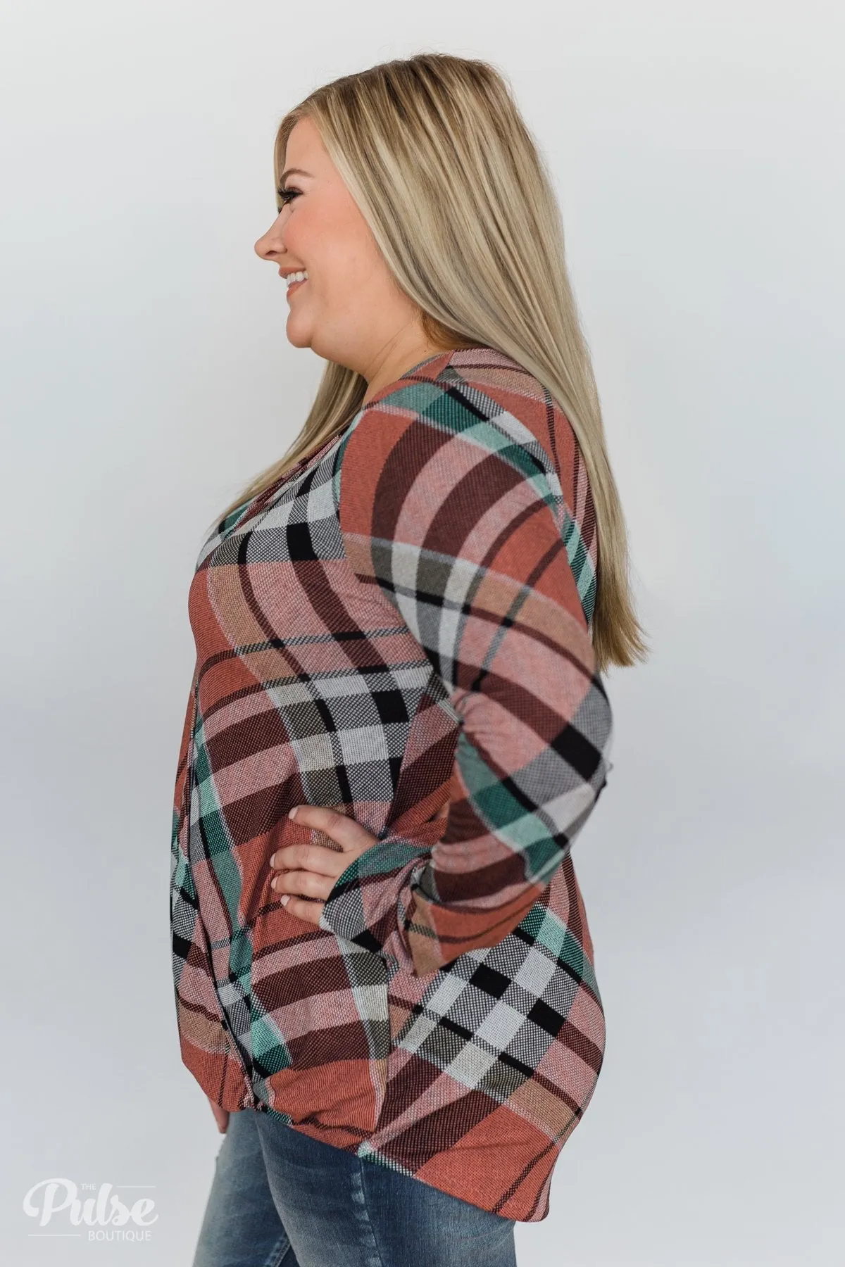 Wrap of Fall Plaid Top- Peachy Orange