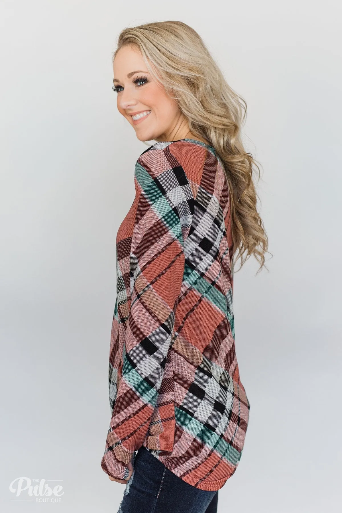 Wrap of Fall Plaid Top- Peachy Orange