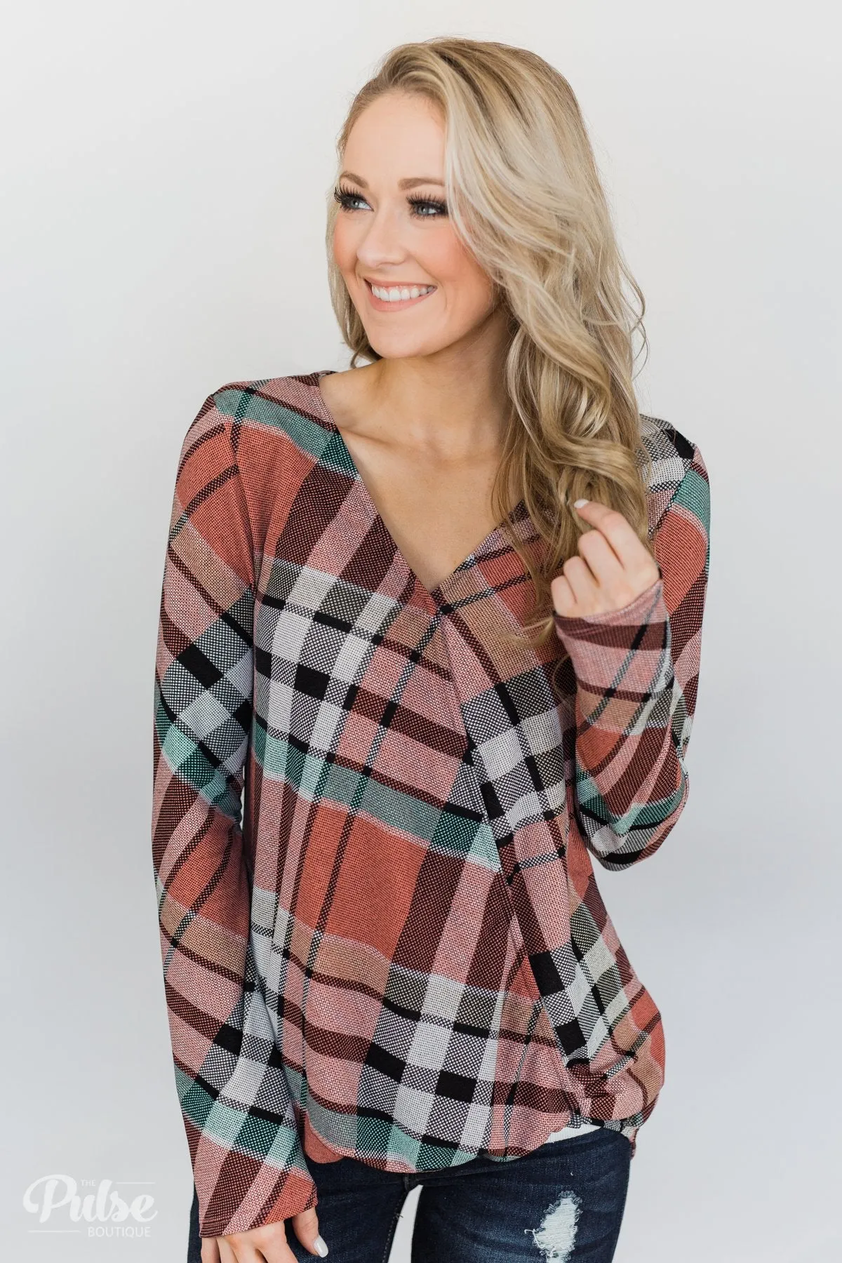 Wrap of Fall Plaid Top- Peachy Orange