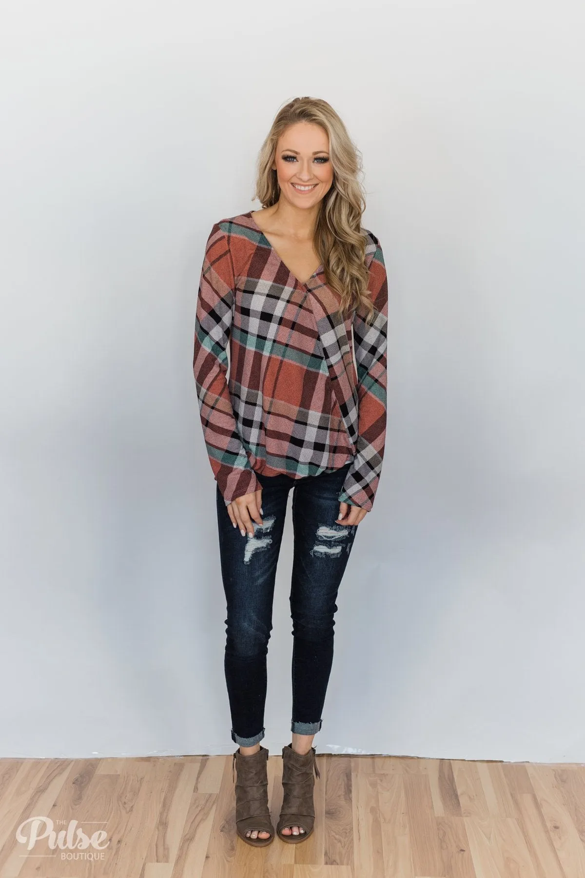 Wrap of Fall Plaid Top- Peachy Orange
