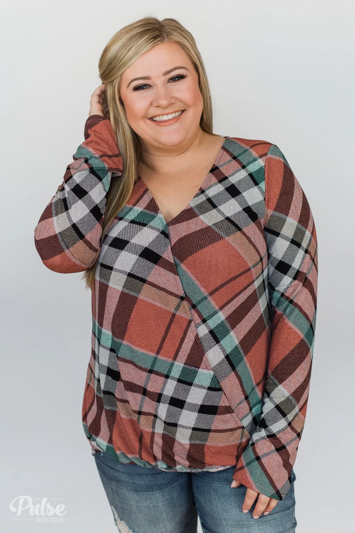 Wrap of Fall Plaid Top- Peachy Orange