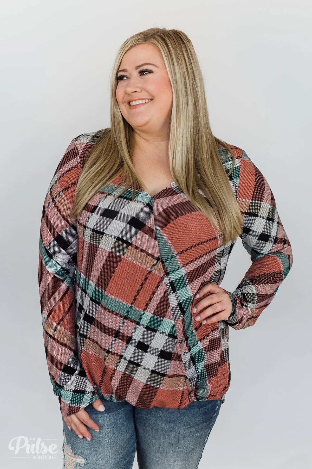 Wrap of Fall Plaid Top- Peachy Orange