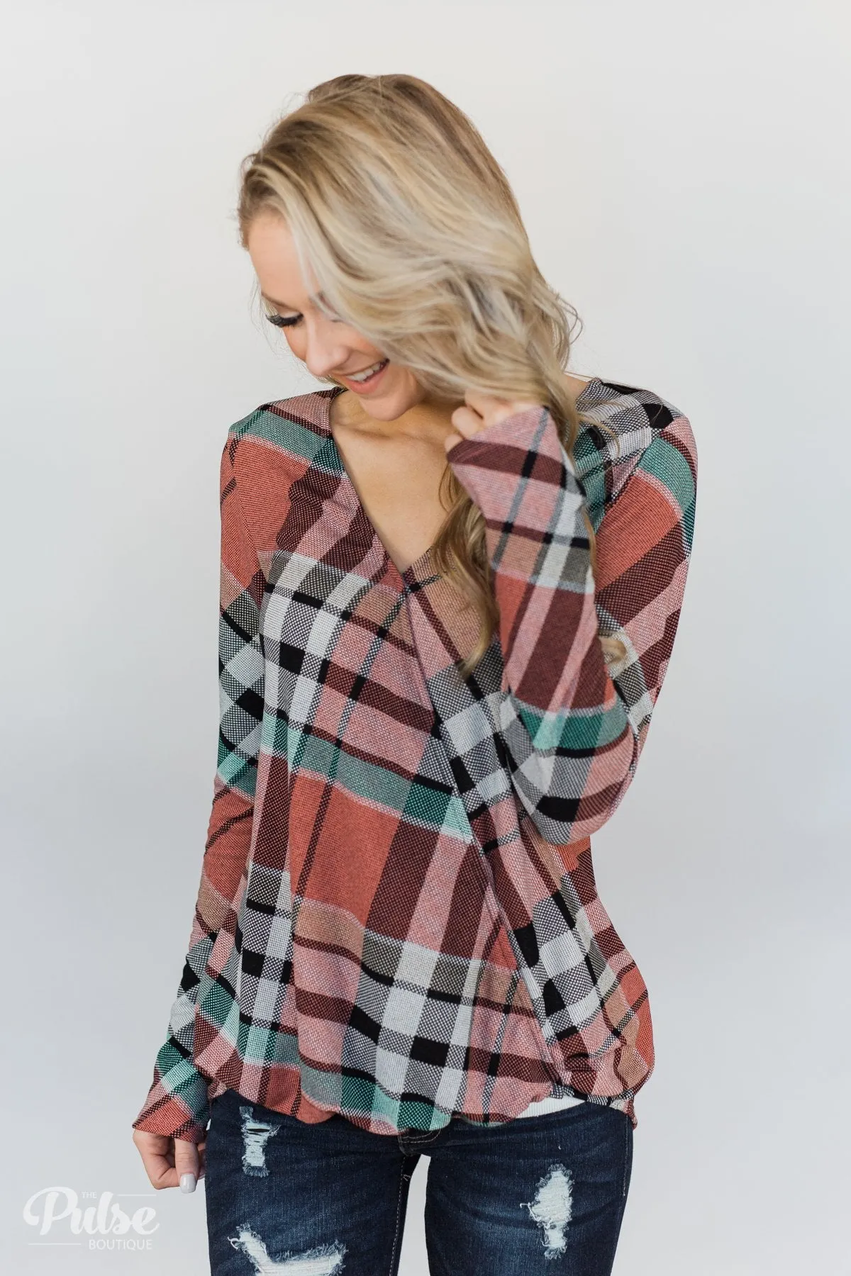 Wrap of Fall Plaid Top- Peachy Orange