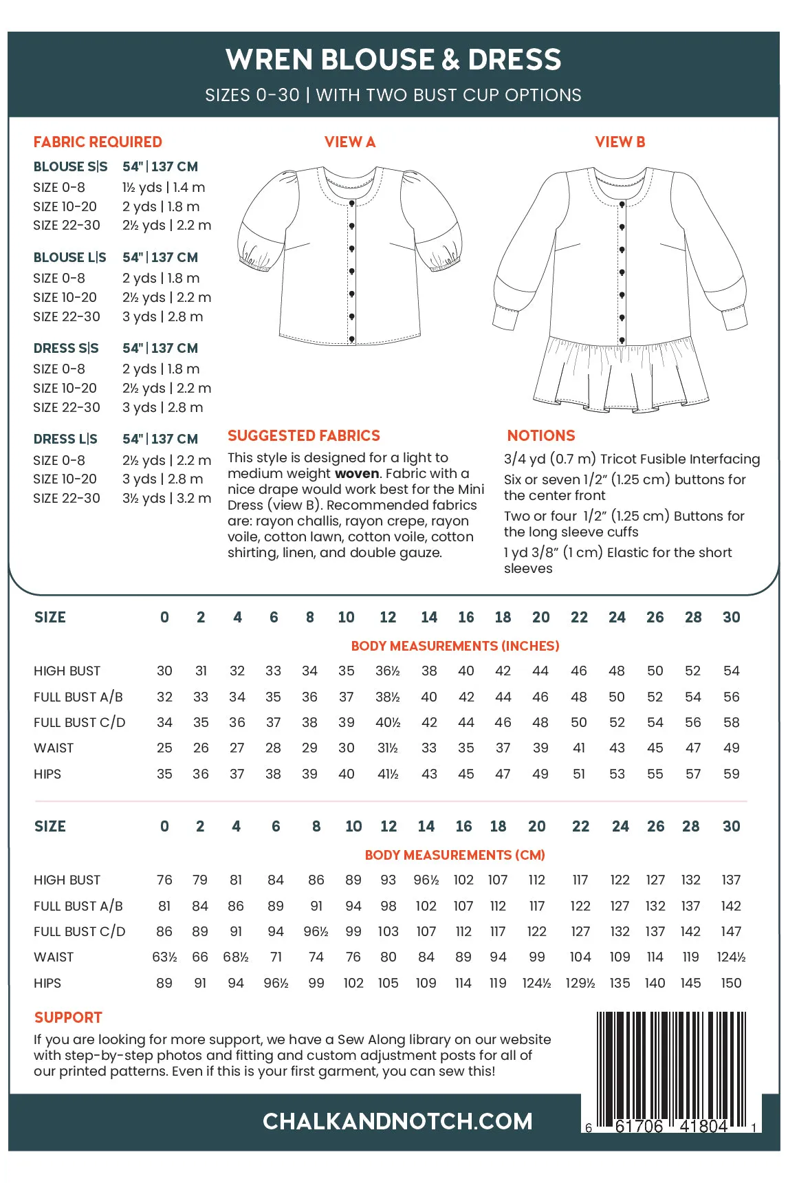 Wren Top & Dress Pattern -- Chalk & Notch